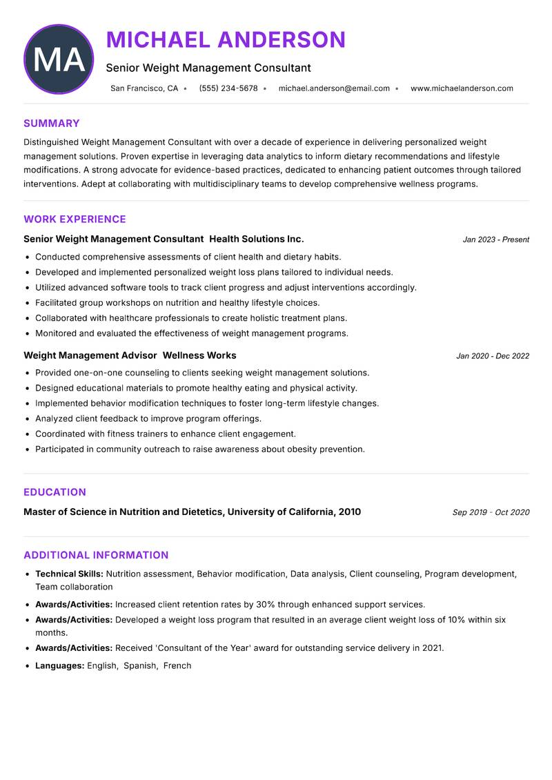 Weight Management Consultant resume example
