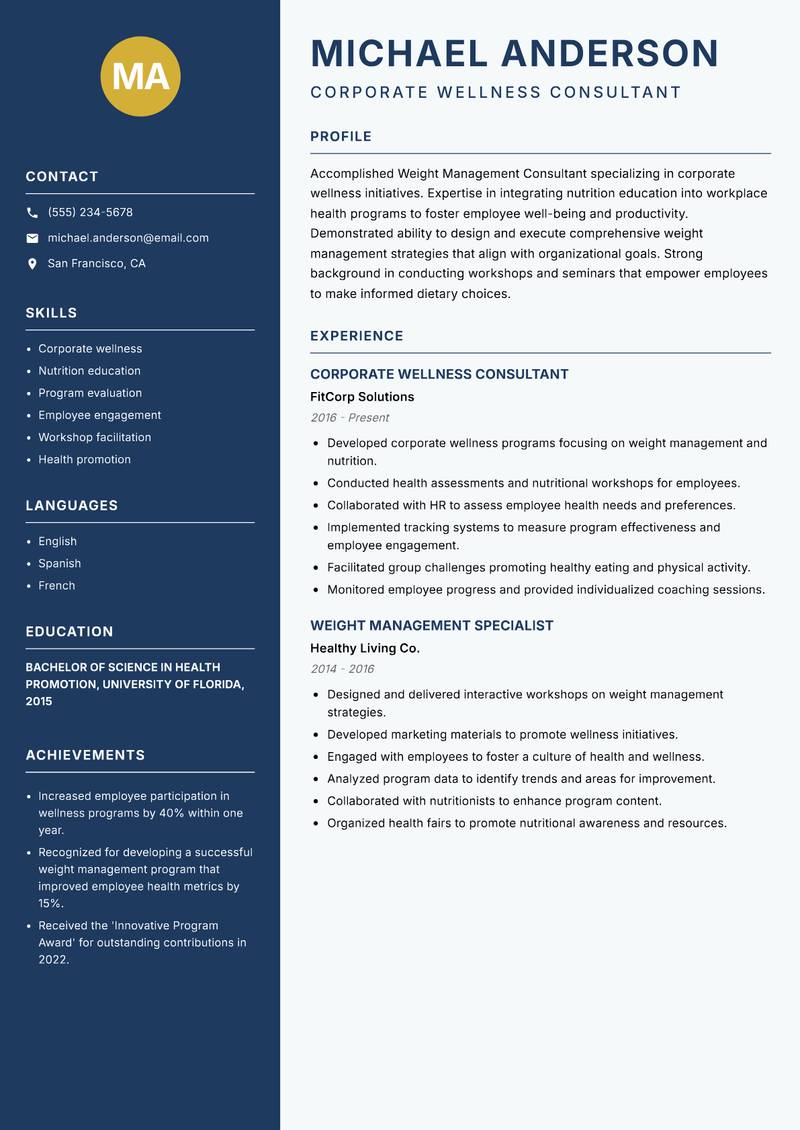 Weight Management Consultant resume sample — Corporate Wellness Consultant focus