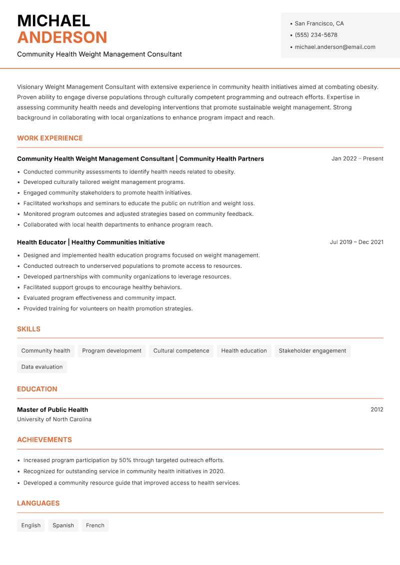 Weight Management Consultant resume sample — Community Health Weight Management Consultant focus