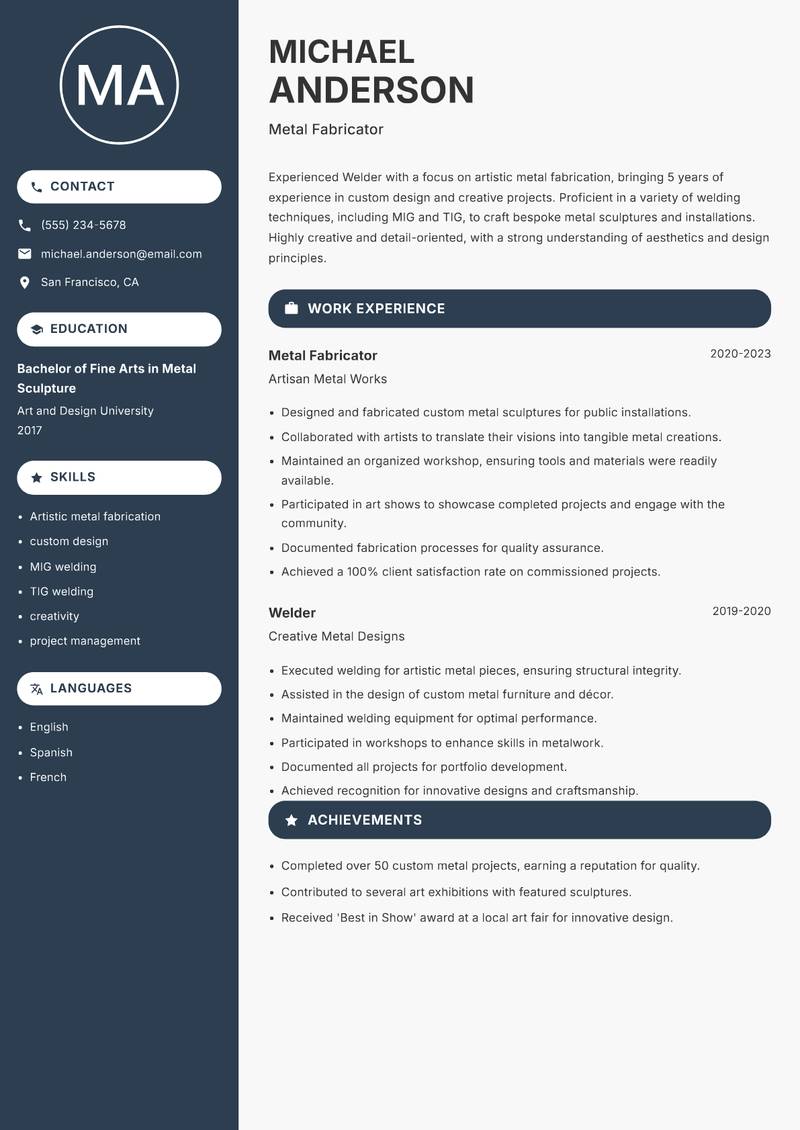 Welder resume sample — Metal Fabricator focus