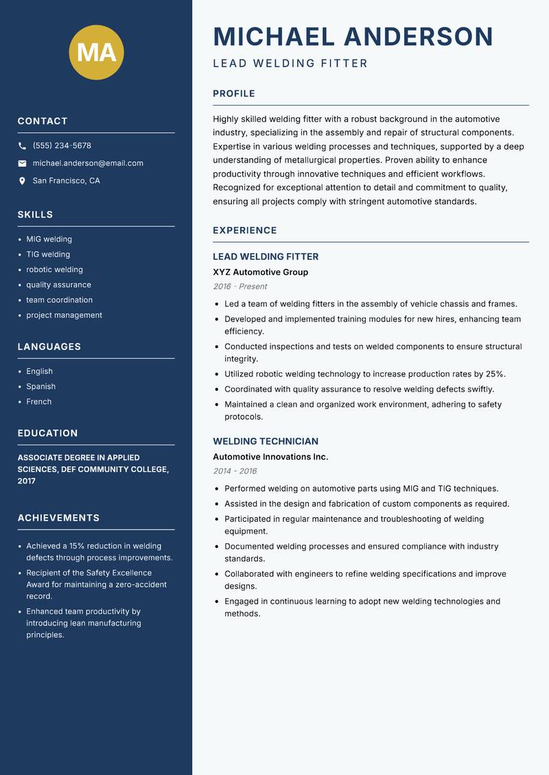 Welding Fitter resume sample — Lead Welding Fitter focus