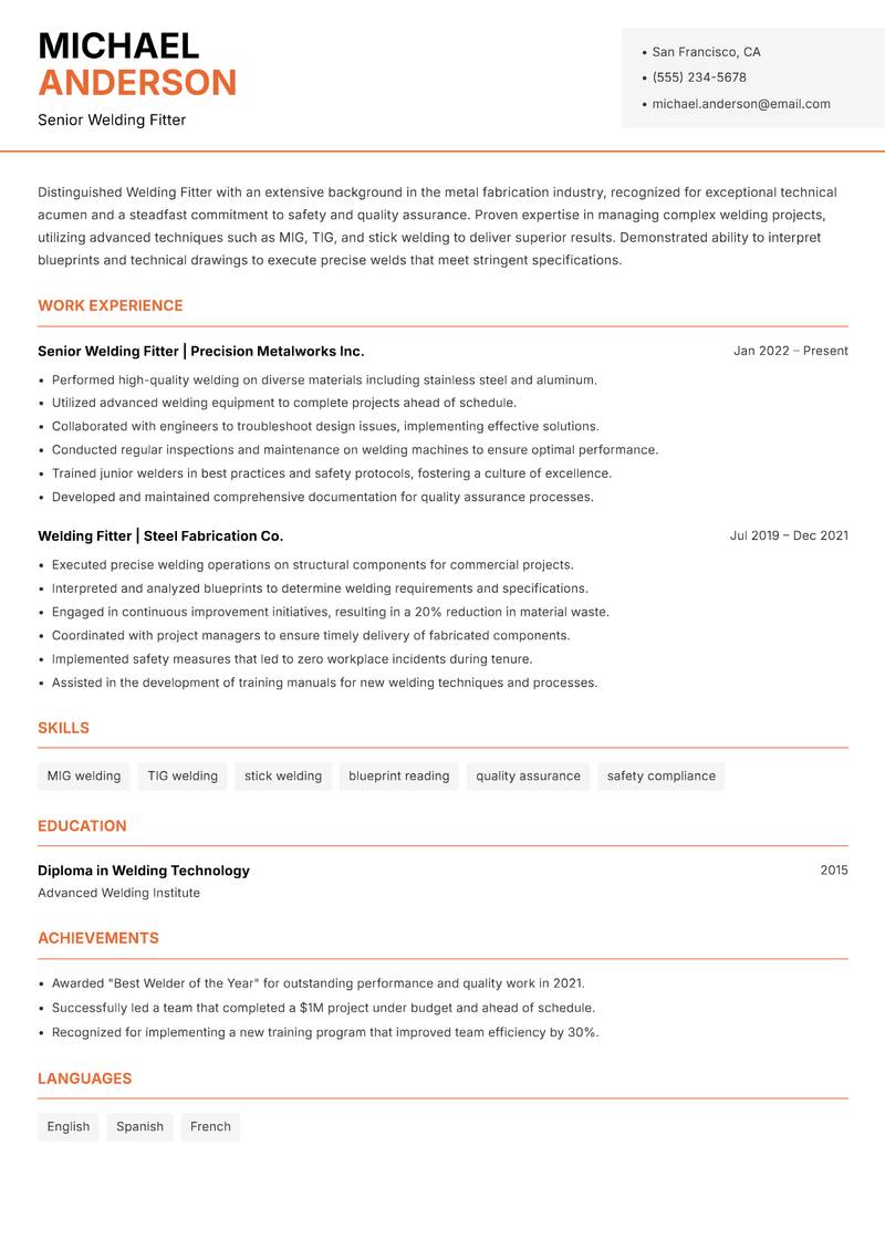 Welding Fitter resume sample — Senior Welding Fitter focus