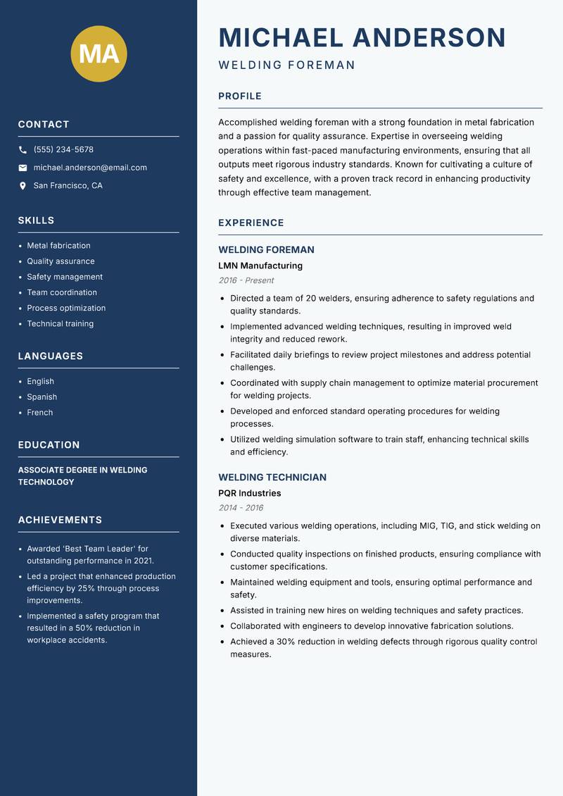 Welding Foreman resume sample — Welding Foreman focus