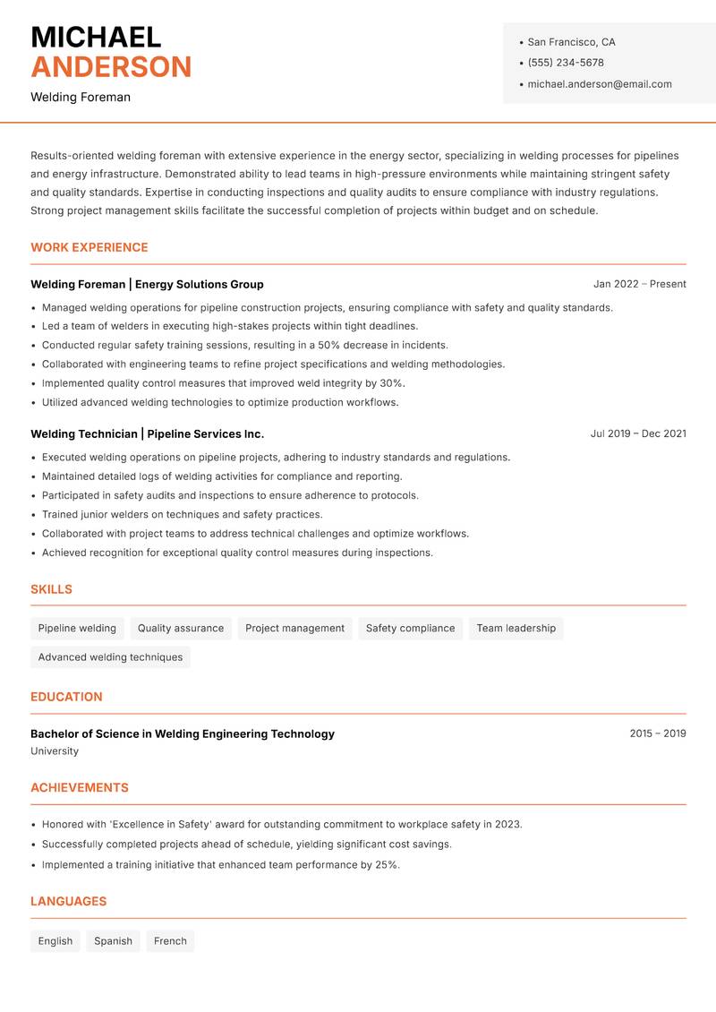 Welding Foreman resume sample — Welding Foreman focus