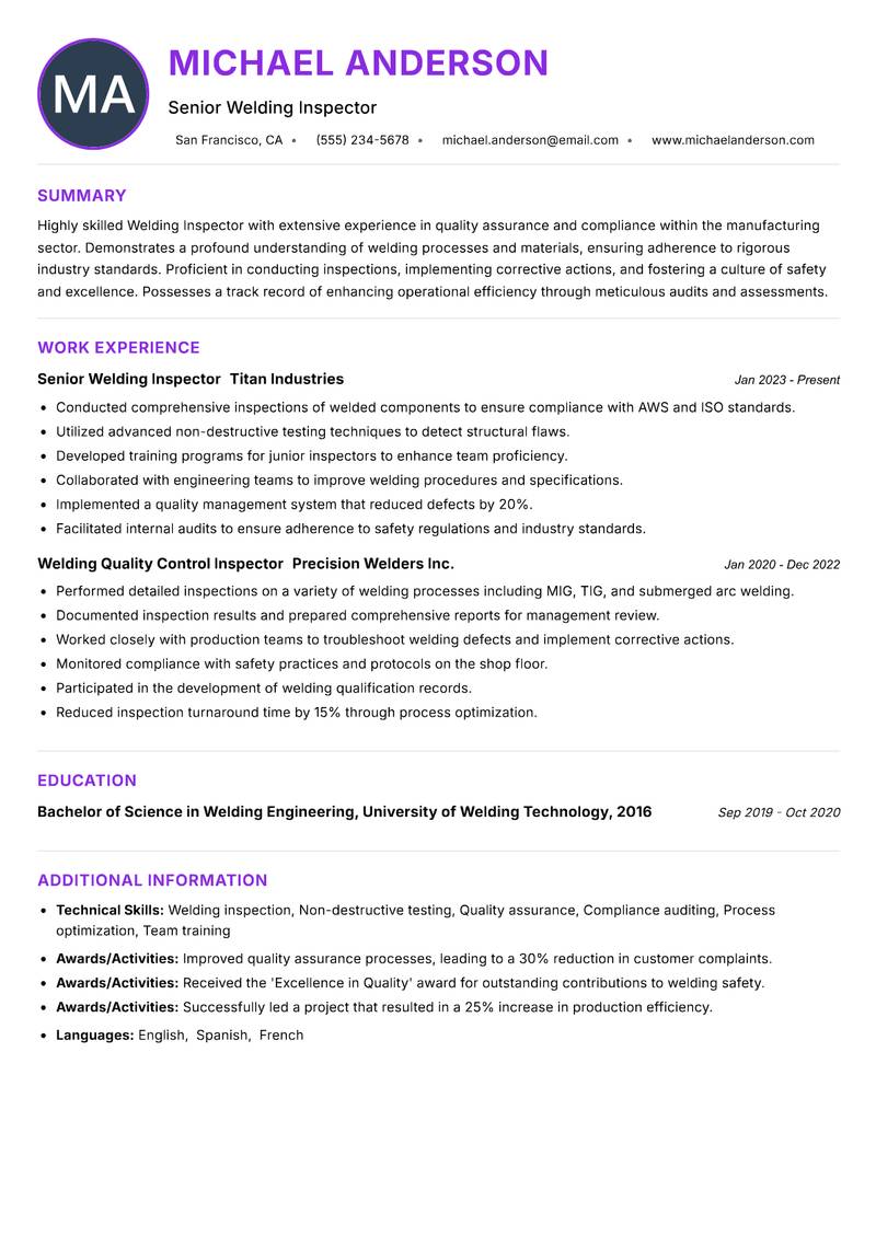 Welding Inspector resume example
