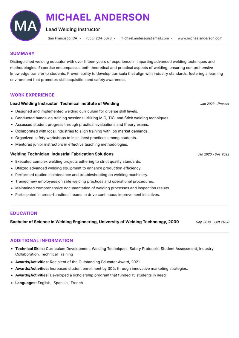 Welding Instructor resume example