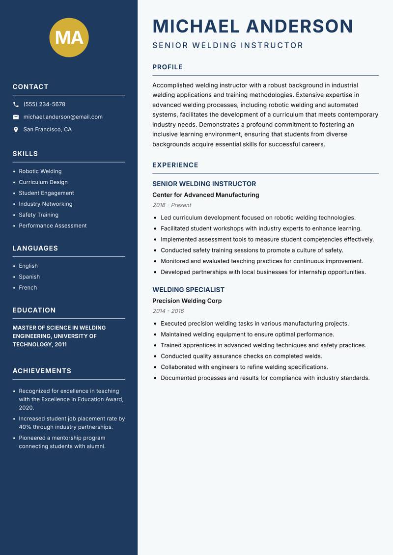 Welding Instructor resume sample — Senior Welding Instructor focus