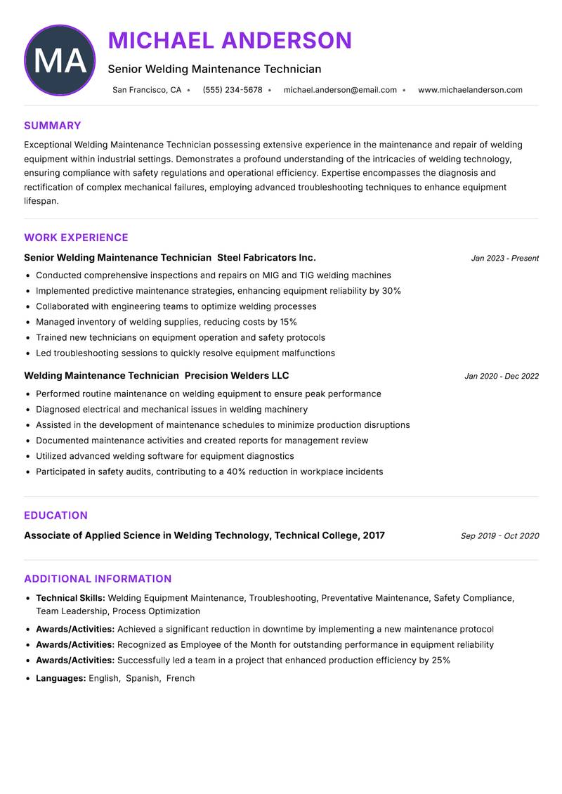Welding Maintenance Technician resume example