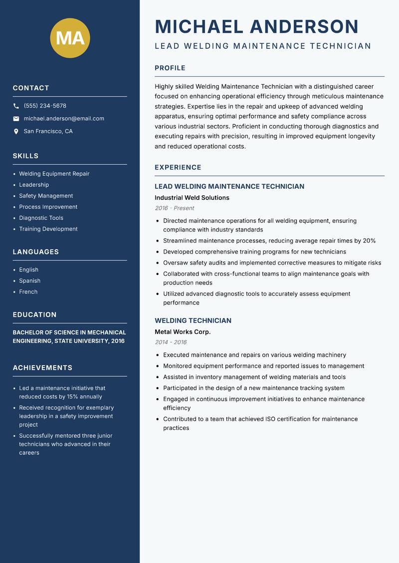 Welding Maintenance Technician resume sample — Lead Welding Maintenance Technician focus