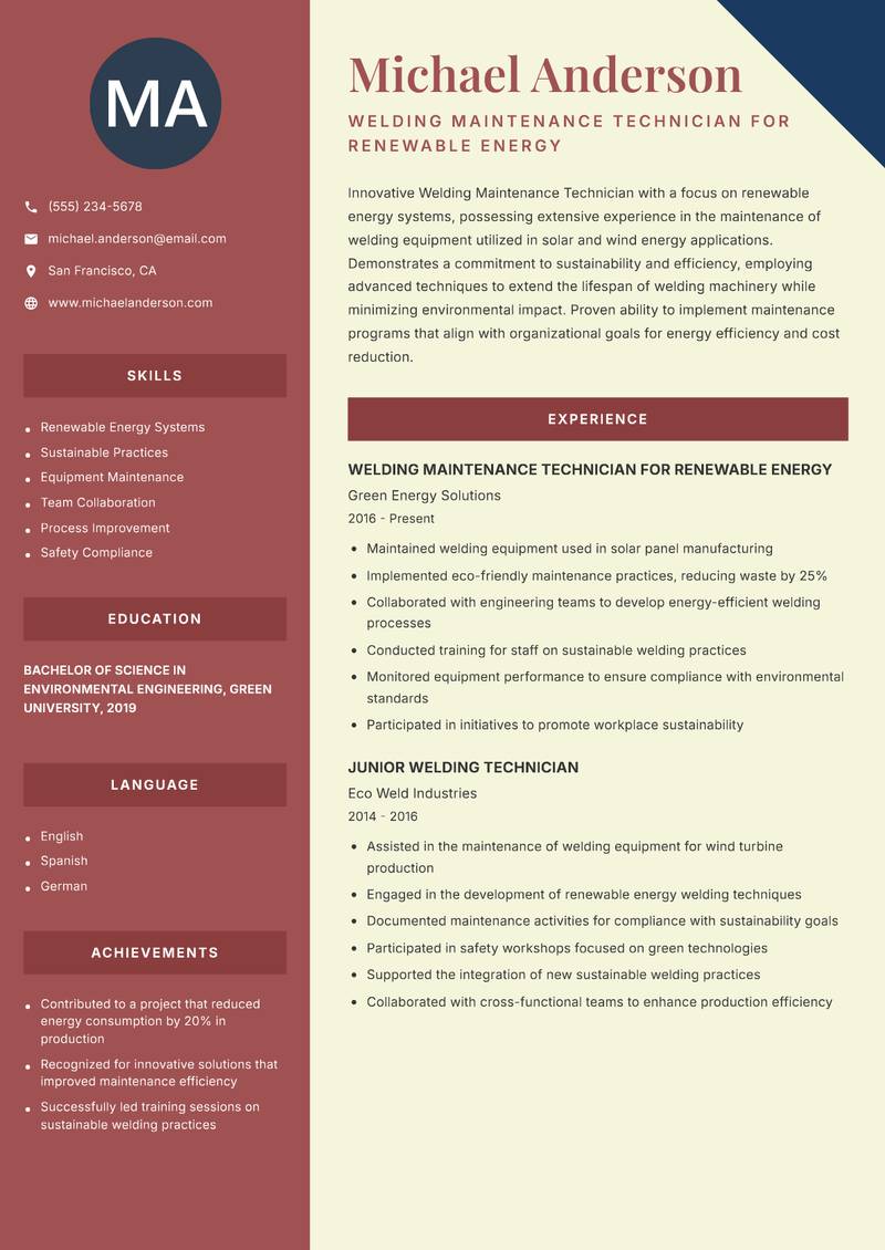 Welding Maintenance Technician resume sample — Welding Maintenance Technician for Renewable Energy focus