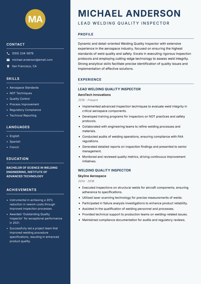 Welding Quality Inspector resume sample — Lead Welding Quality Inspector focus