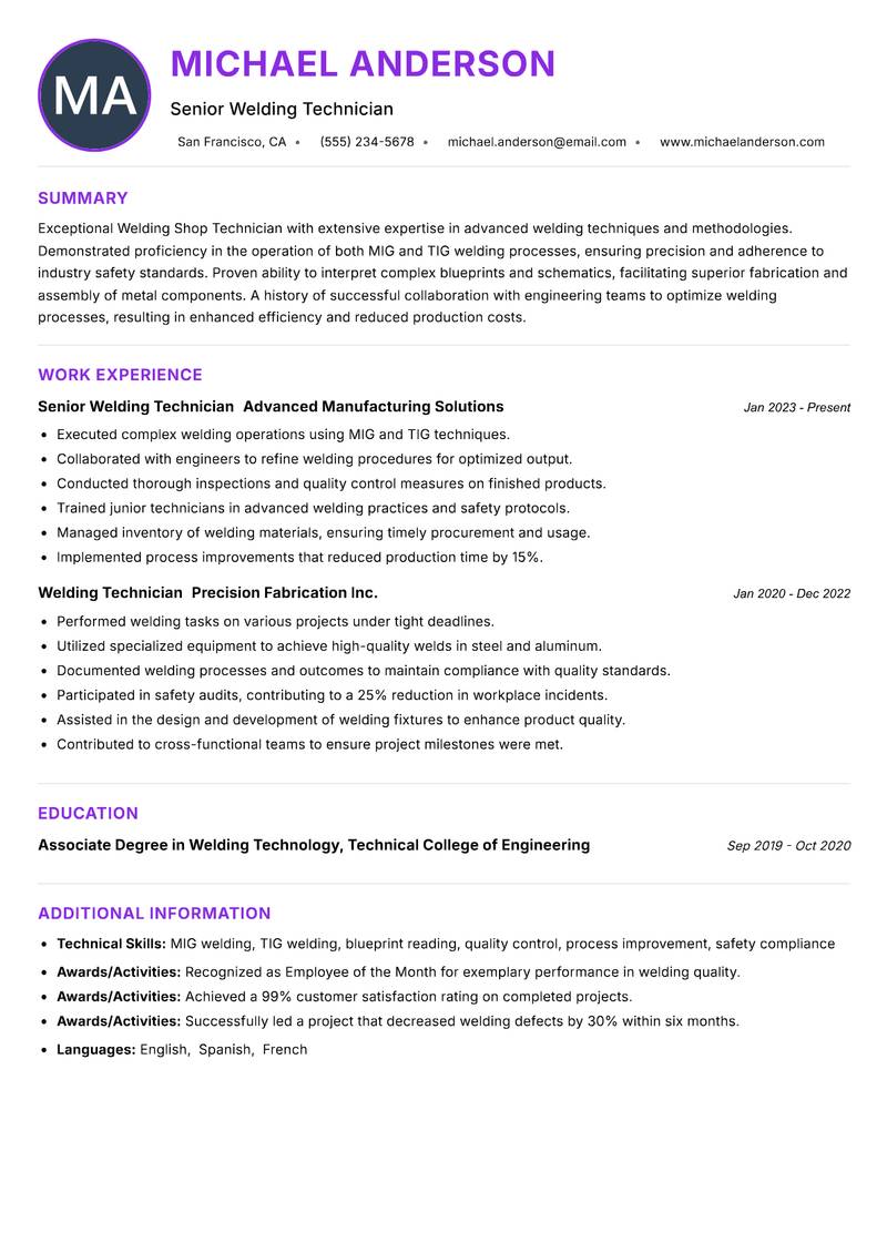 Welding Shop Technician resume example