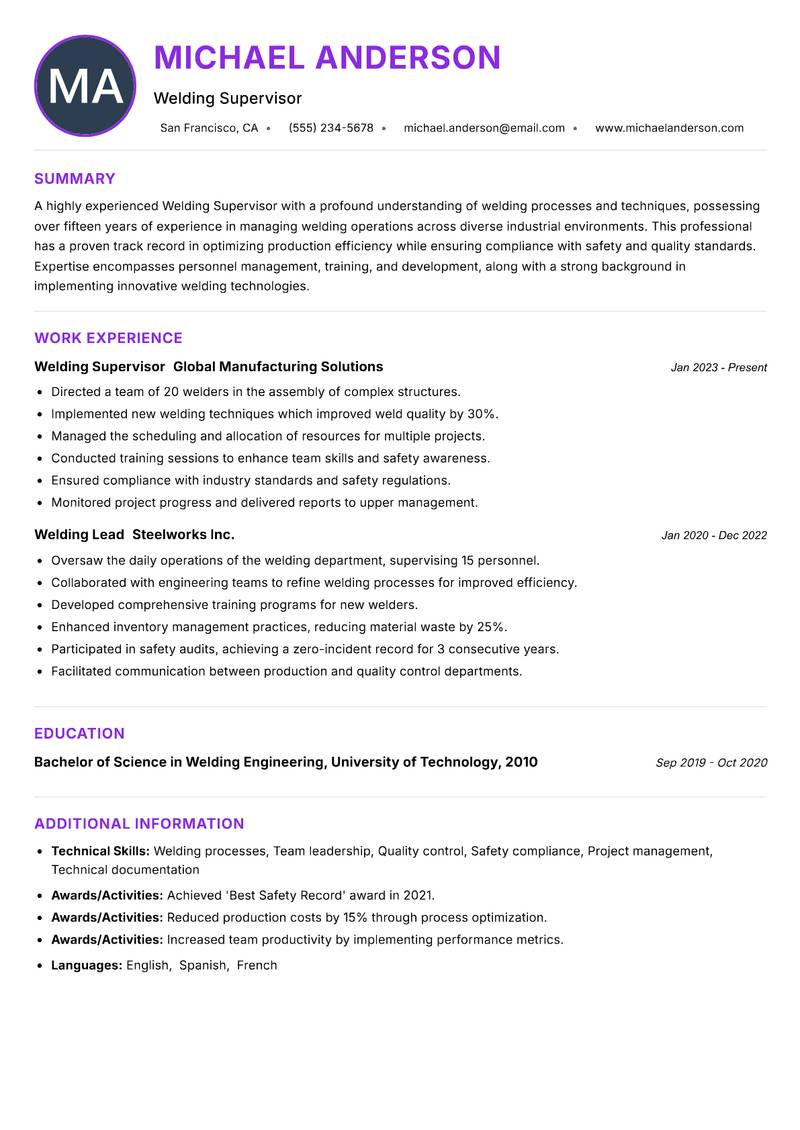 Welding Supervisor resume example