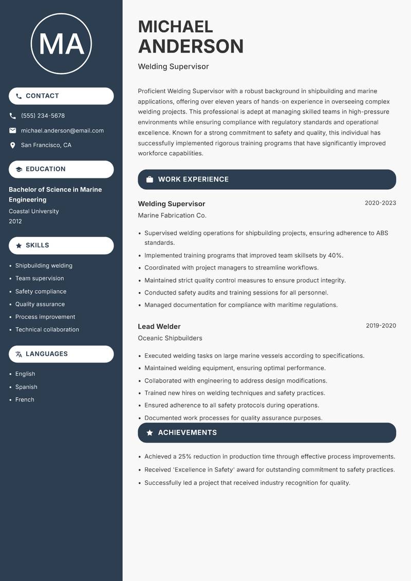 Welding Supervisor resume sample — Welding Supervisor focus