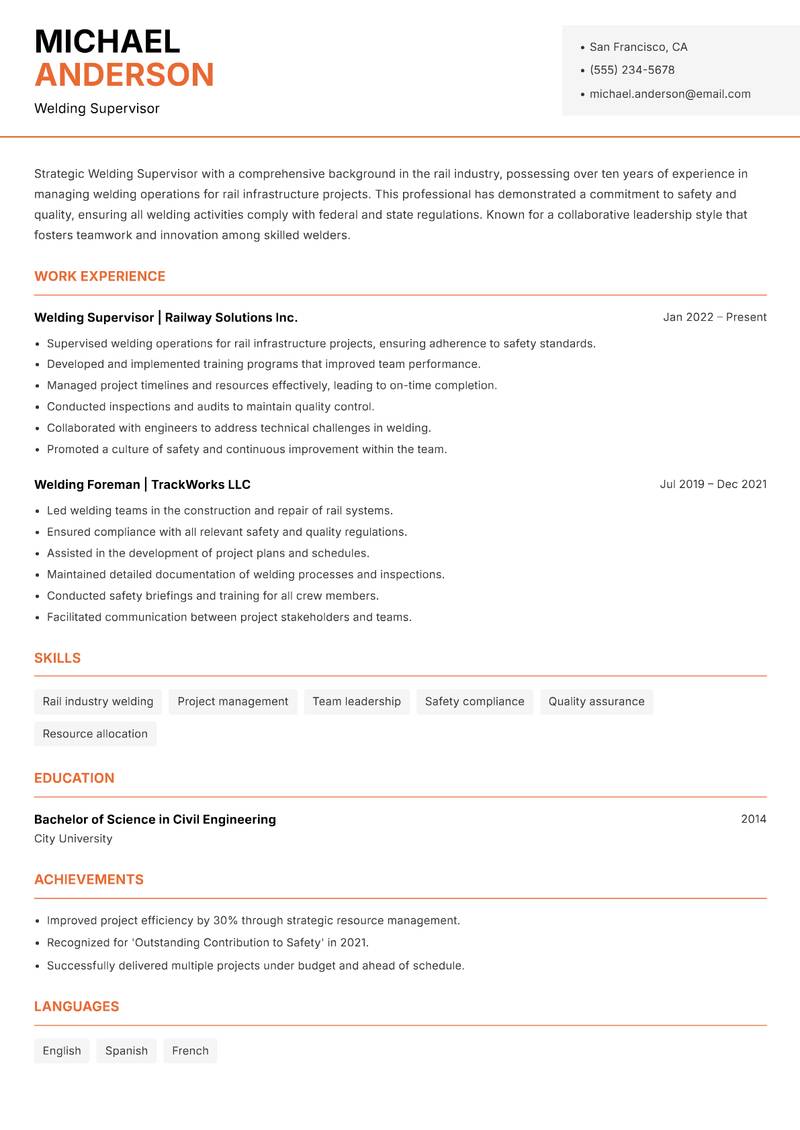 Welding Supervisor resume sample — Welding Supervisor focus