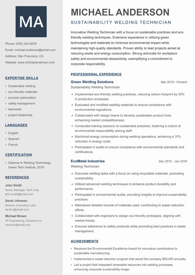 Welding Technician resume sample — Sustainability Welding Technician focus