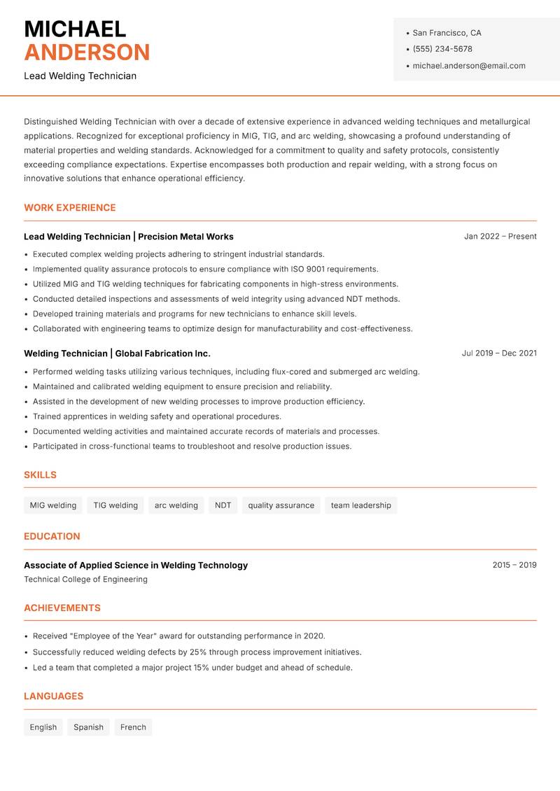 Welding Technician resume sample — Lead Welding Technician focus