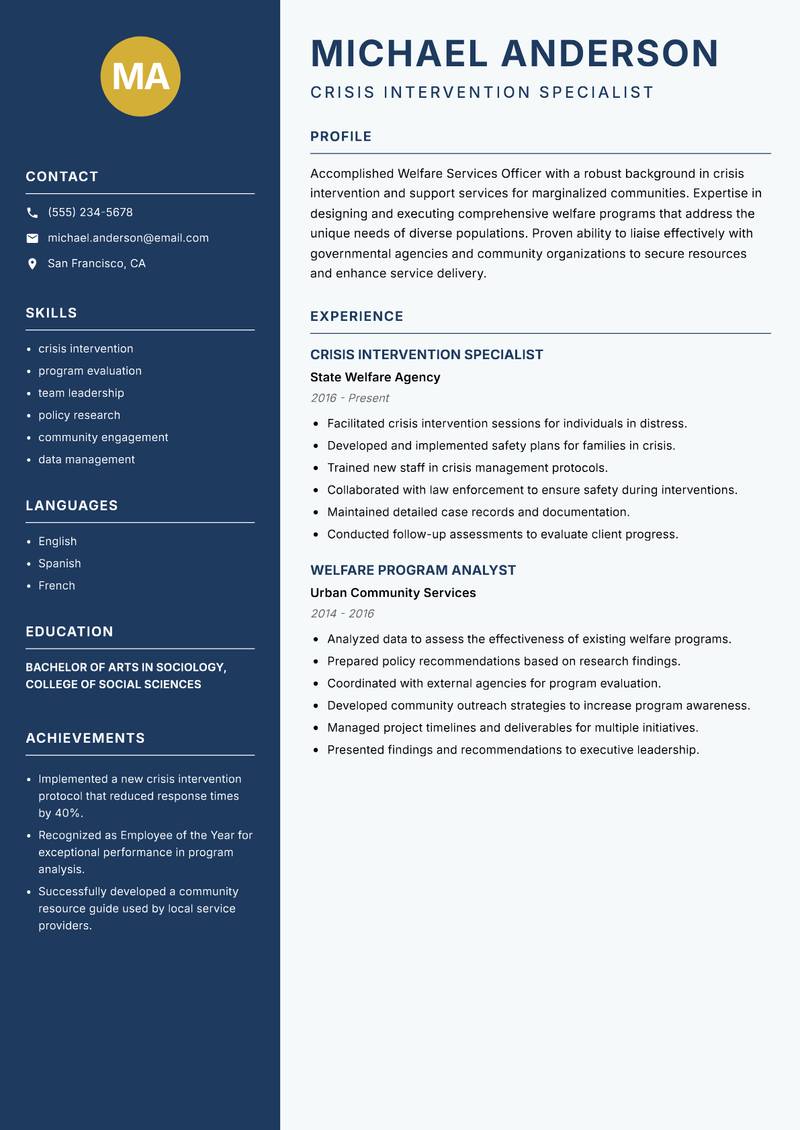 Welfare Services Officer resume sample — Crisis Intervention Specialist focus
