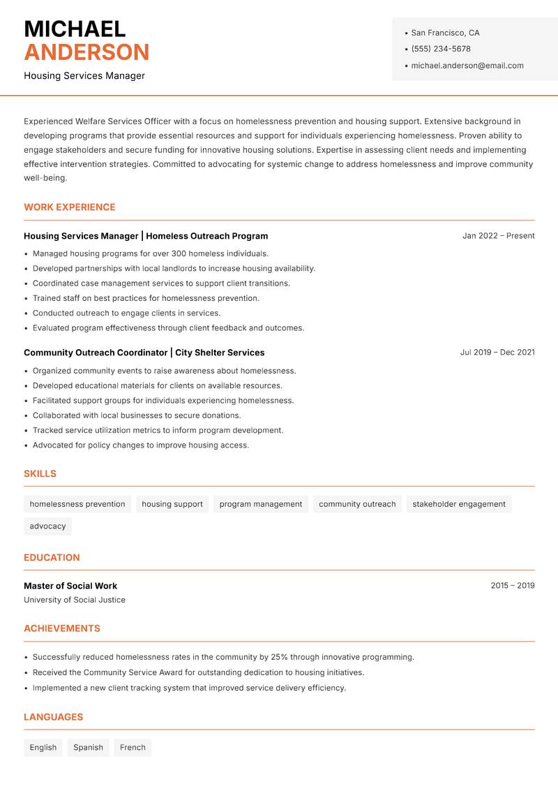 Welfare Services Officer resume sample — Housing Services Manager focus