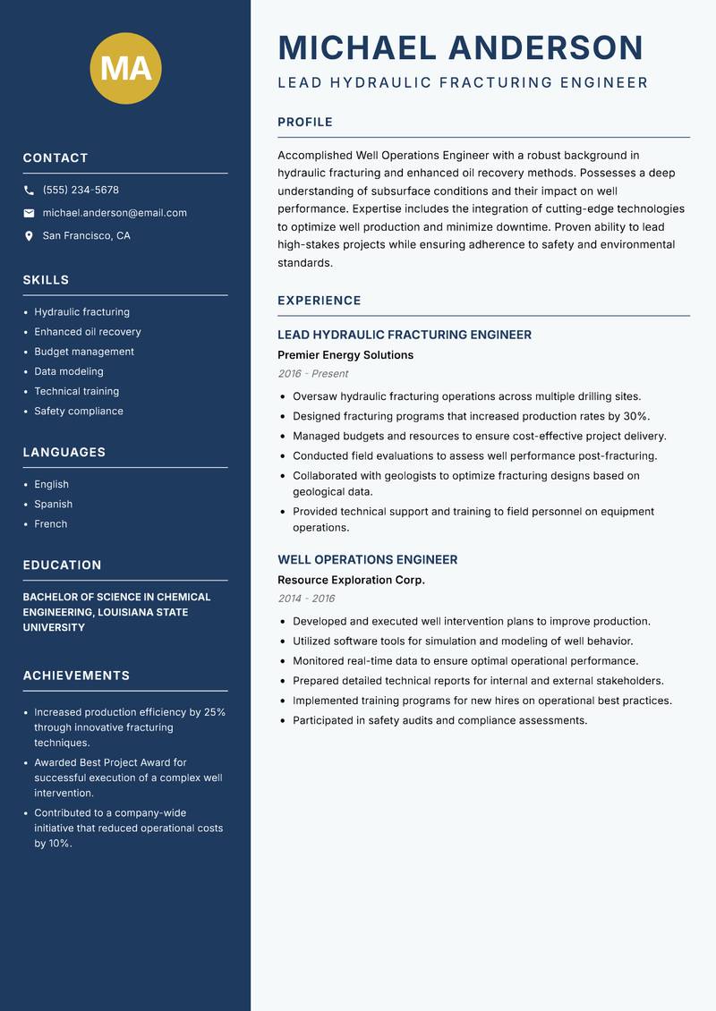 Well Operations Engineer resume sample — Lead Hydraulic Fracturing Engineer focus