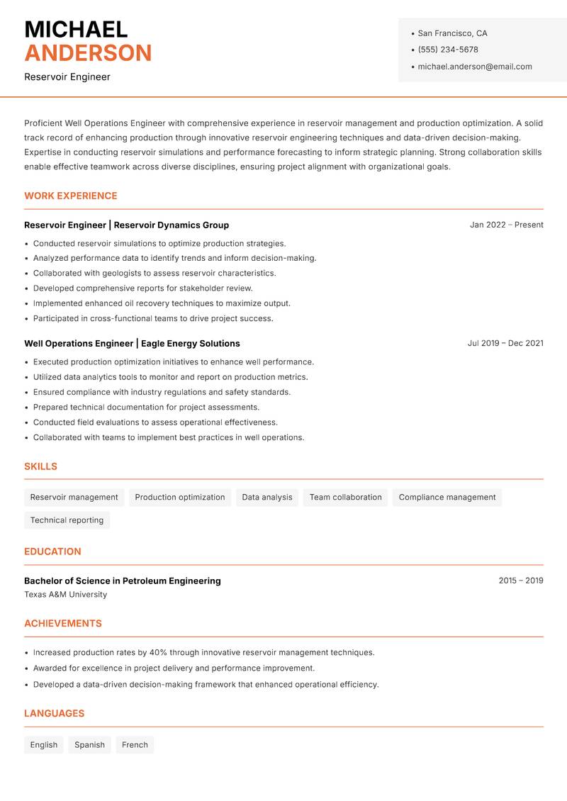 Well Operations Engineer resume sample — Reservoir Engineer focus
