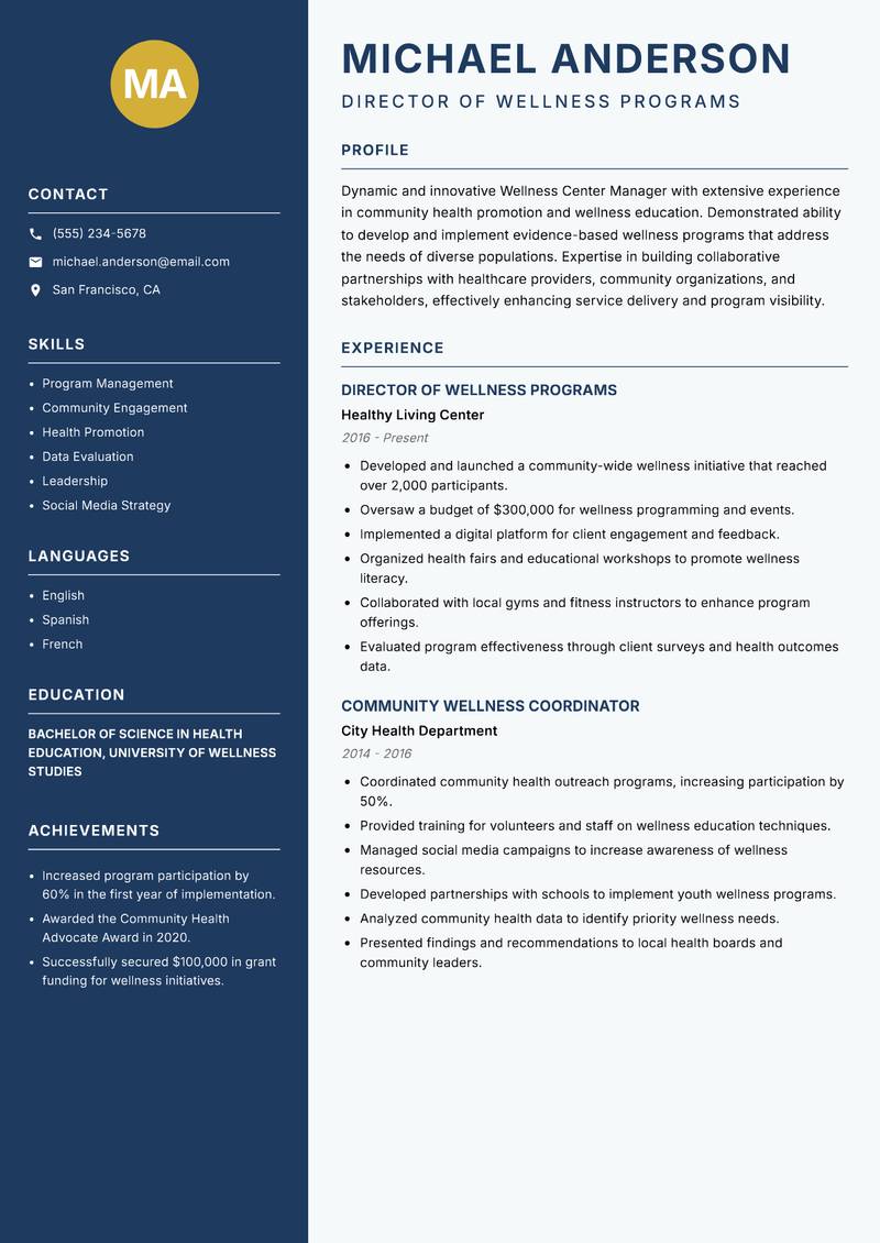 Wellness Center Manager resume sample — Director of Wellness Programs focus