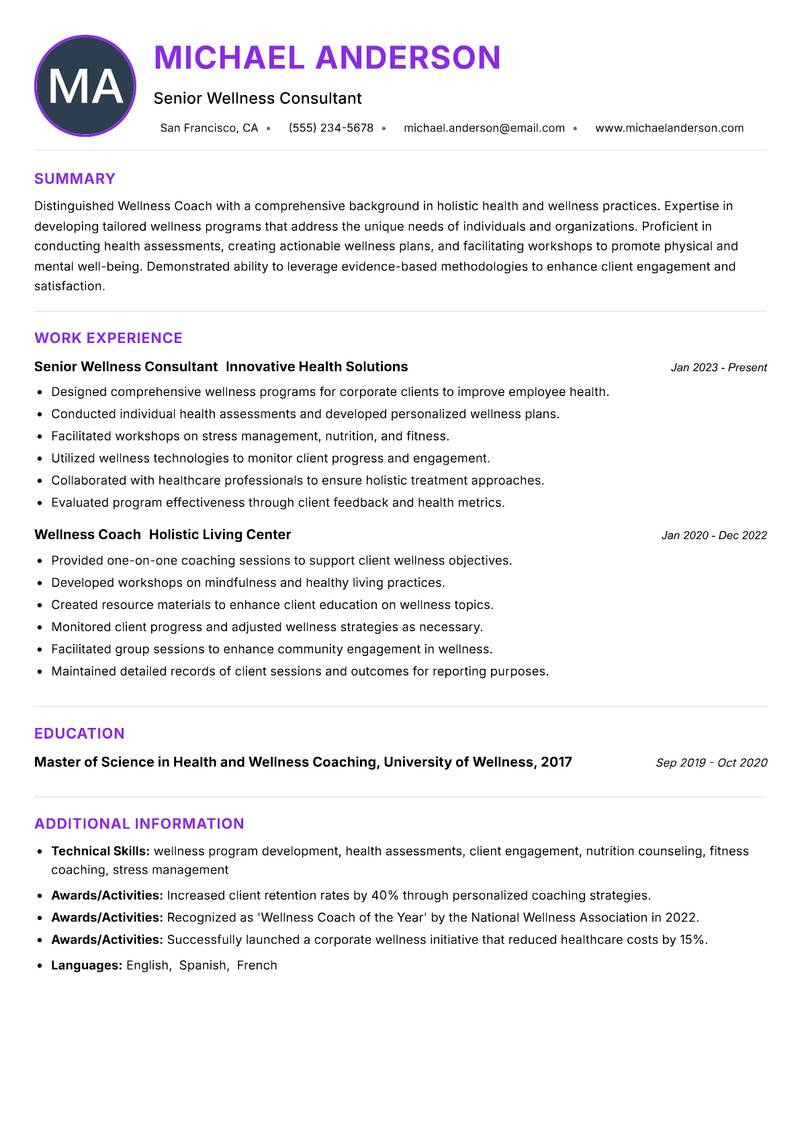 Wellness Coach resume example