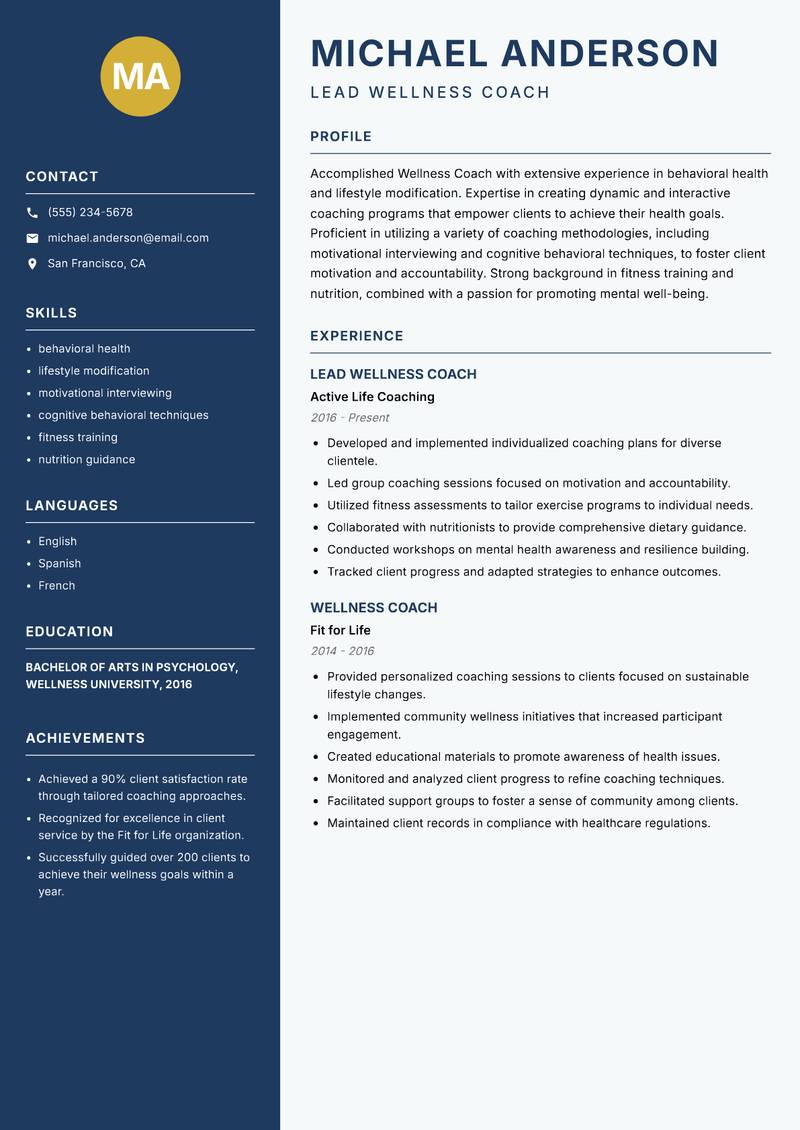 Wellness Coach resume sample — Lead Wellness Coach focus