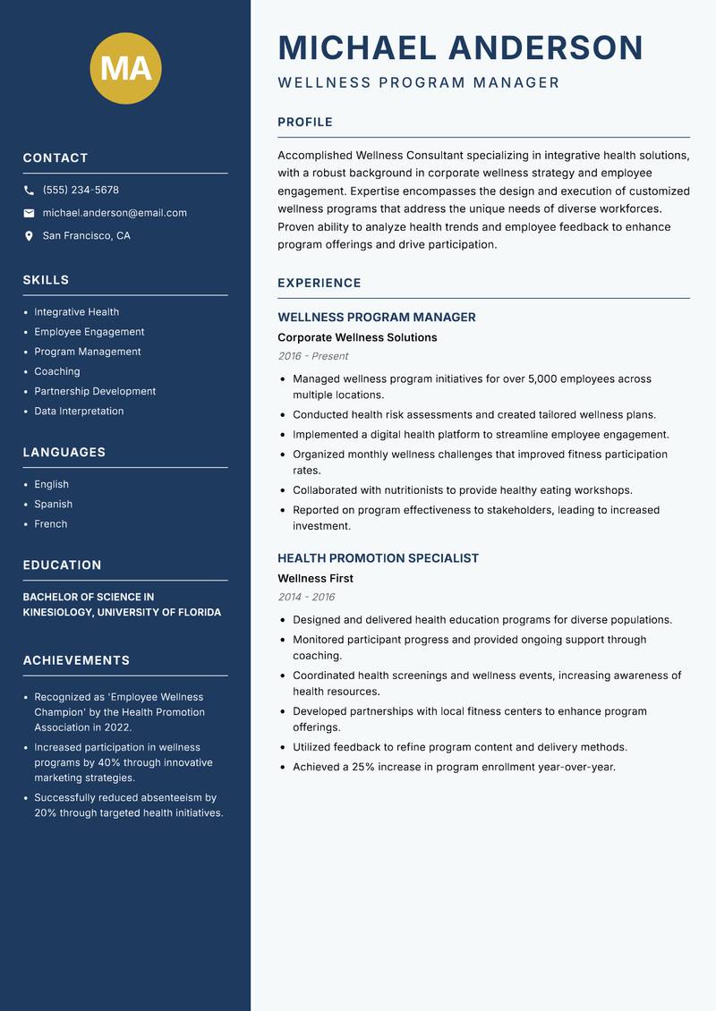 Wellness Consultant resume sample — Wellness Program Manager focus