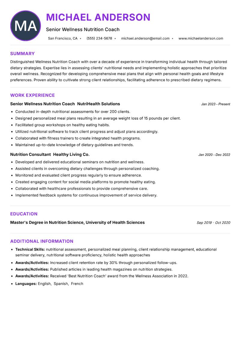 Wellness Nutrition Coach resume example