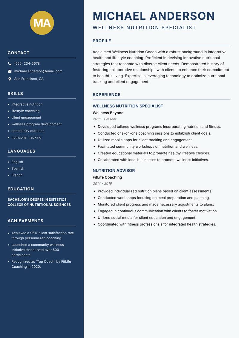Wellness Nutrition Coach resume sample — Wellness Nutrition Specialist focus
