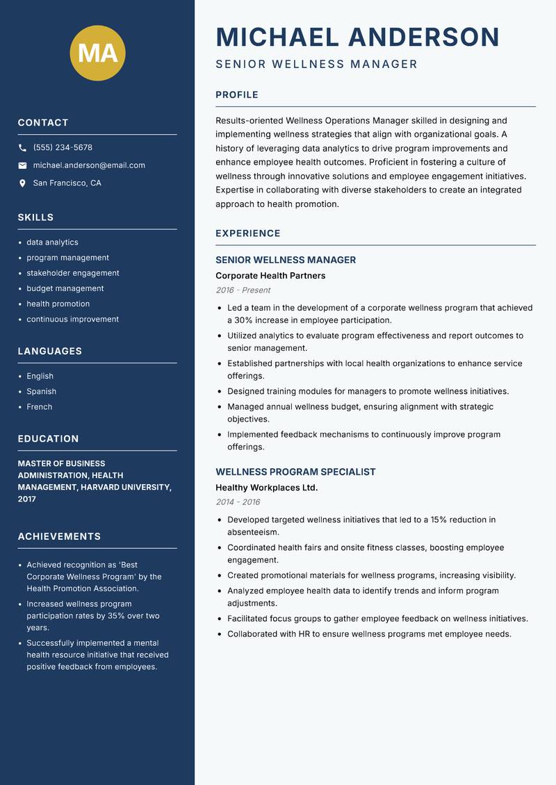 Wellness Operations Manager resume sample — Senior Wellness Manager focus