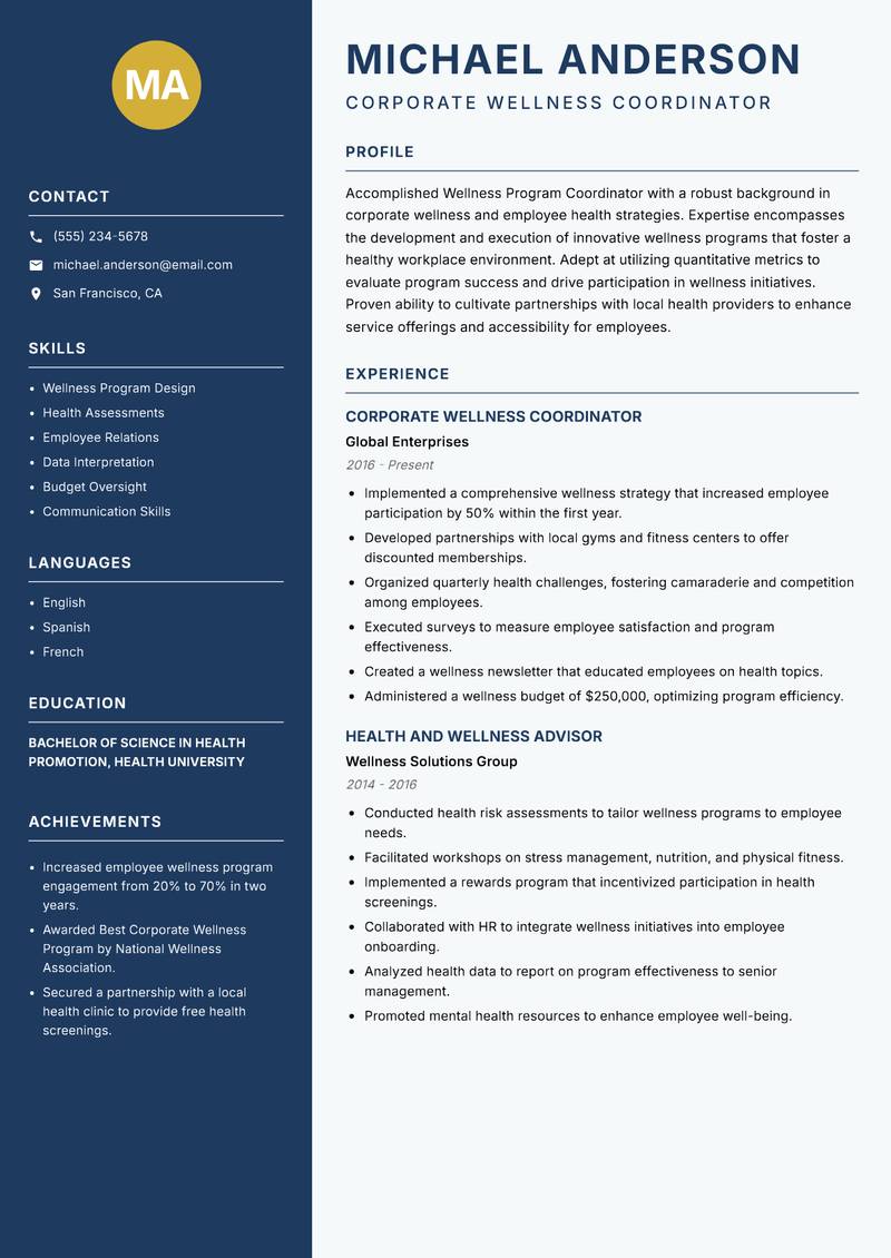Wellness Program Coordinator resume sample — Corporate Wellness Coordinator focus