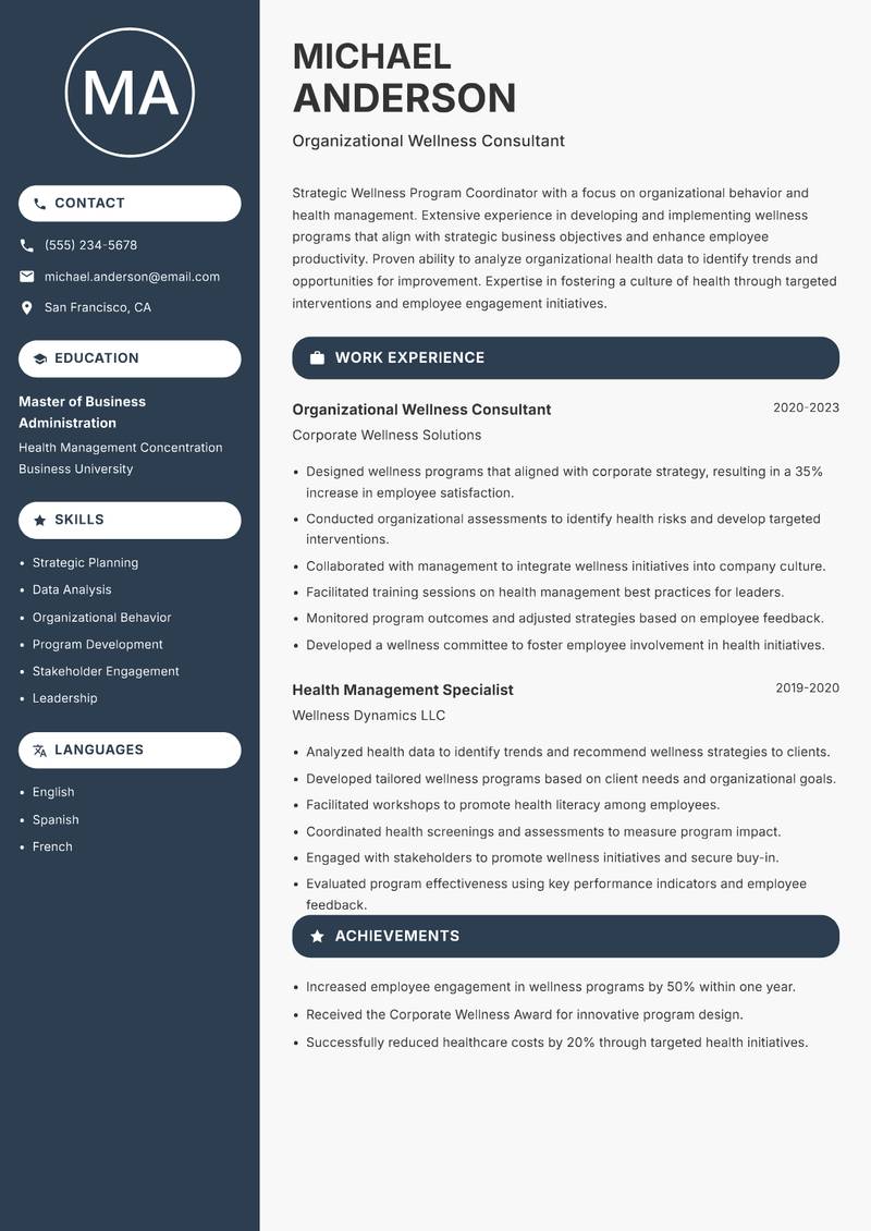 Wellness Program Coordinator resume sample — Organizational Wellness Consultant focus