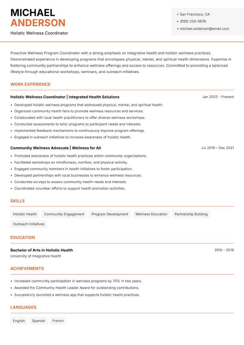 Wellness Program Coordinator resume sample — Holistic Wellness Coordinator focus