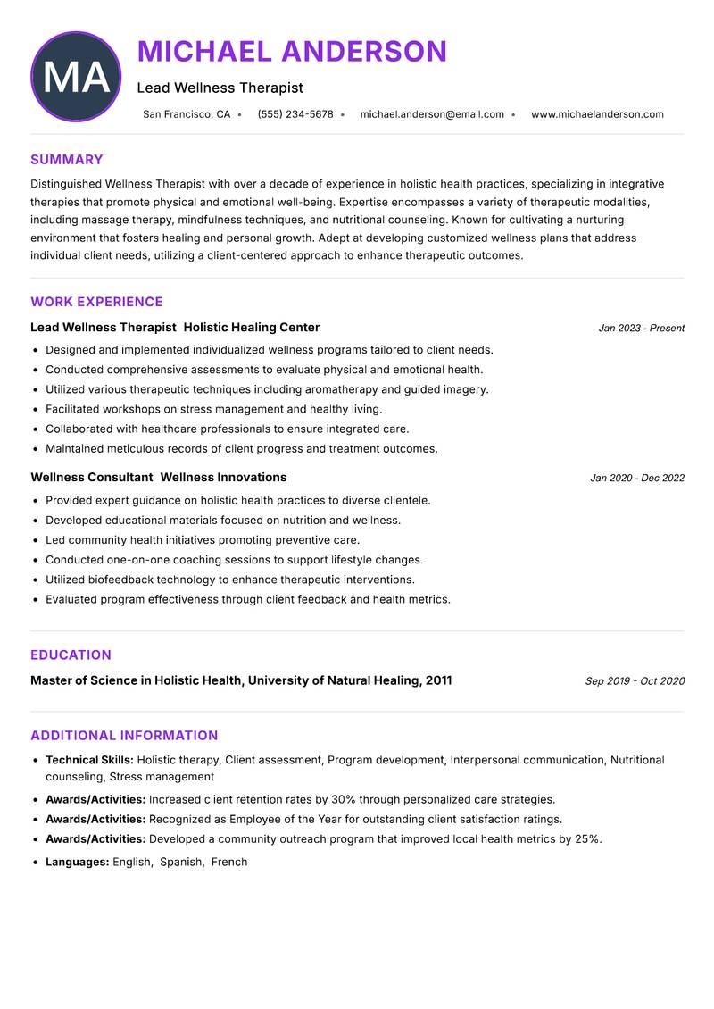 Wellness Therapist resume example