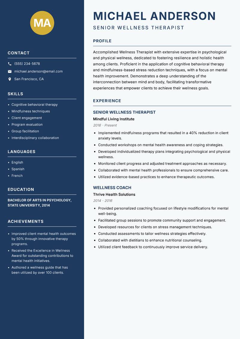 Wellness Therapist resume sample — Senior Wellness Therapist focus