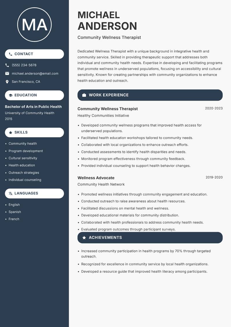 Wellness Therapist resume sample — Community Wellness Therapist focus