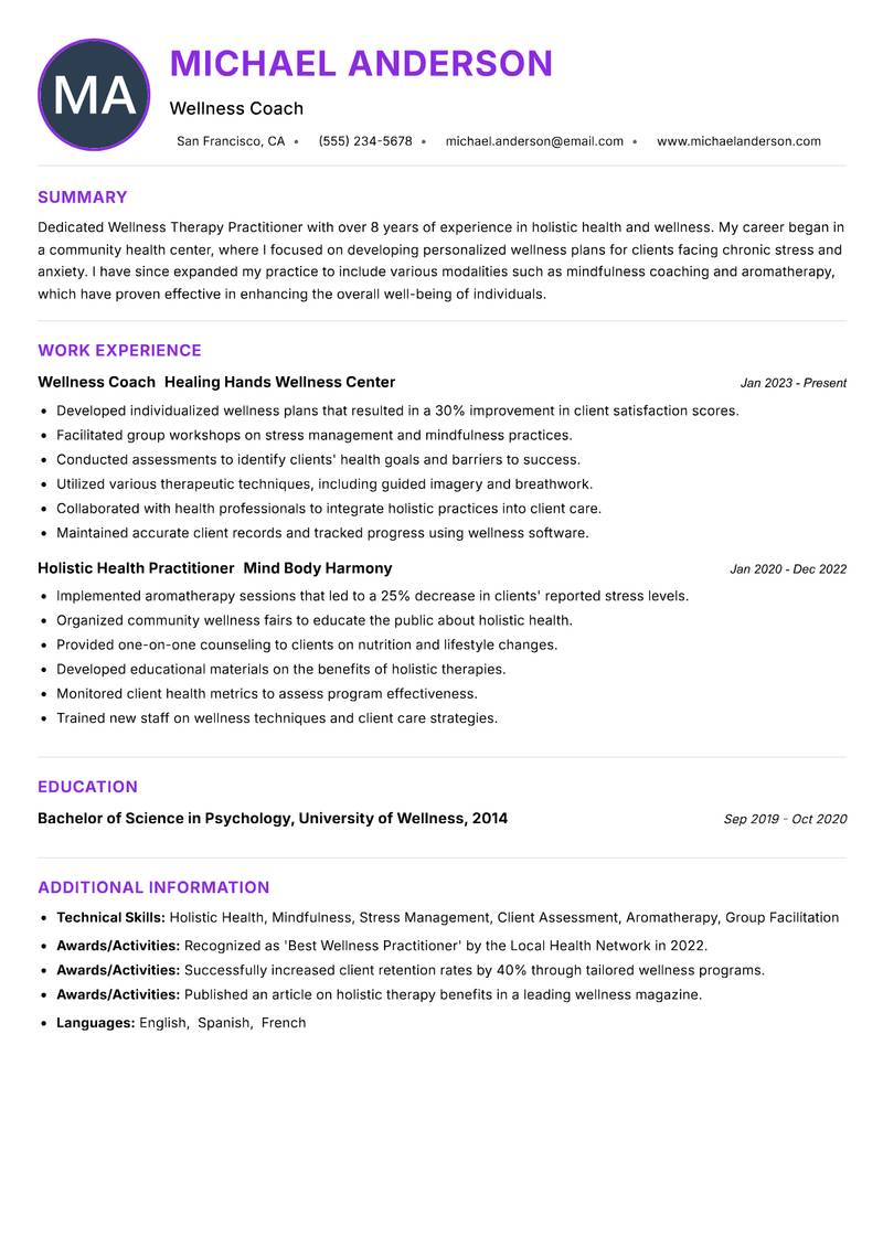 Wellness Therapy Practitioner resume example