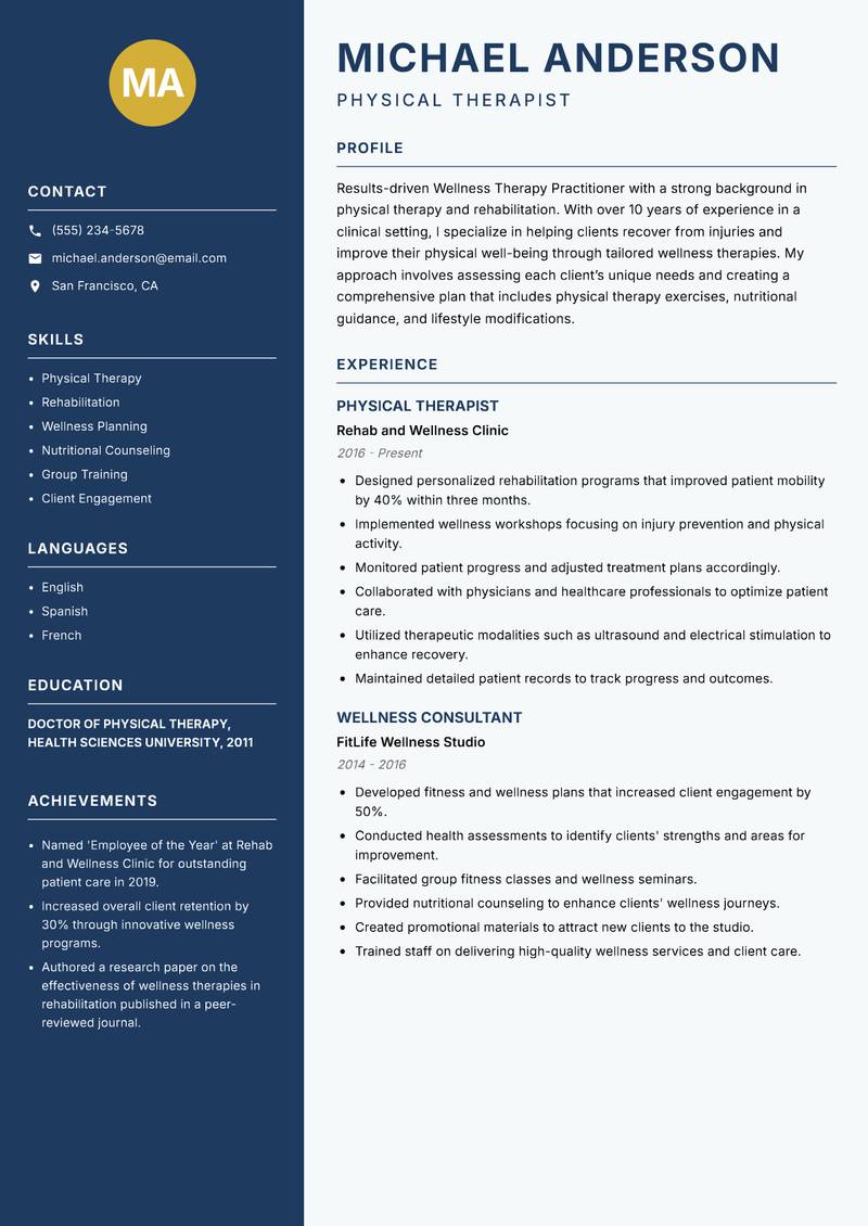 Wellness Therapy Practitioner resume sample — Physical Therapist focus