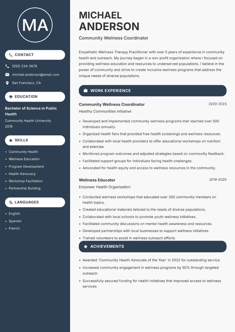 Wellness Therapy Practitioner resume sample — Community Wellness Coordinator focus