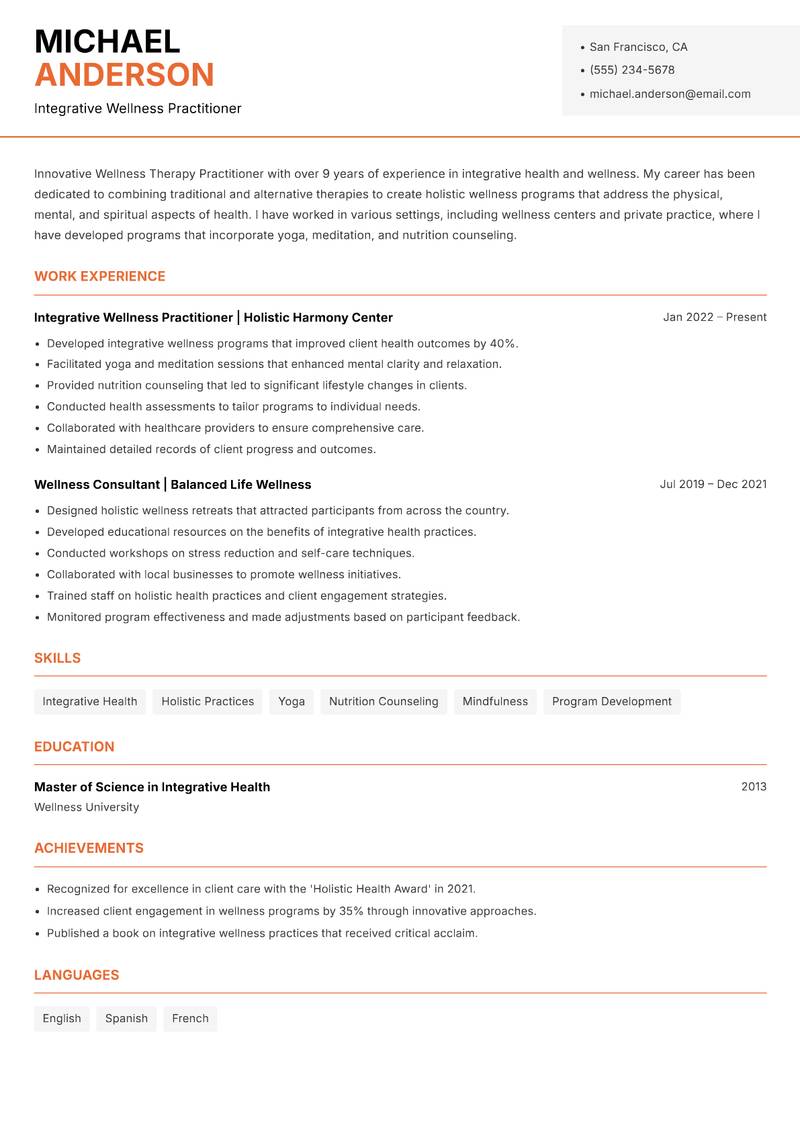 Wellness Therapy Practitioner resume sample — Integrative Wellness Practitioner focus