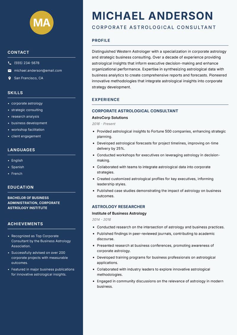 Western Astrologer resume sample — Corporate Astrological Consultant focus