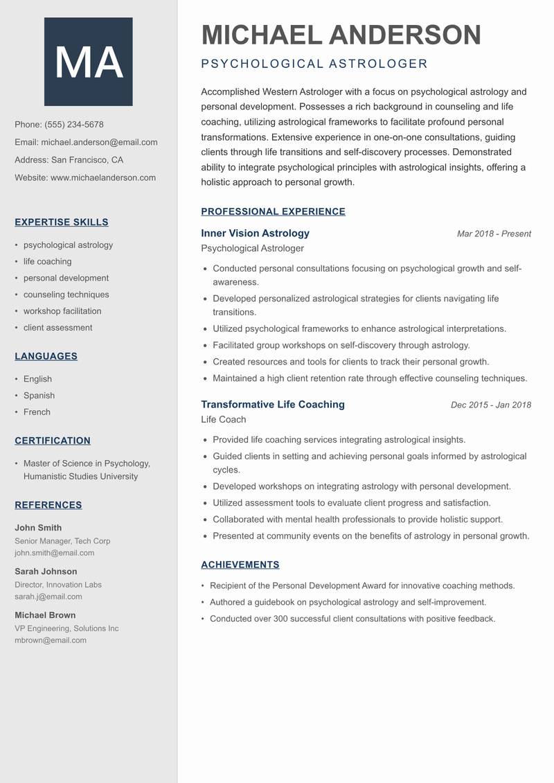 Western Astrologer resume sample — Psychological Astrologer focus