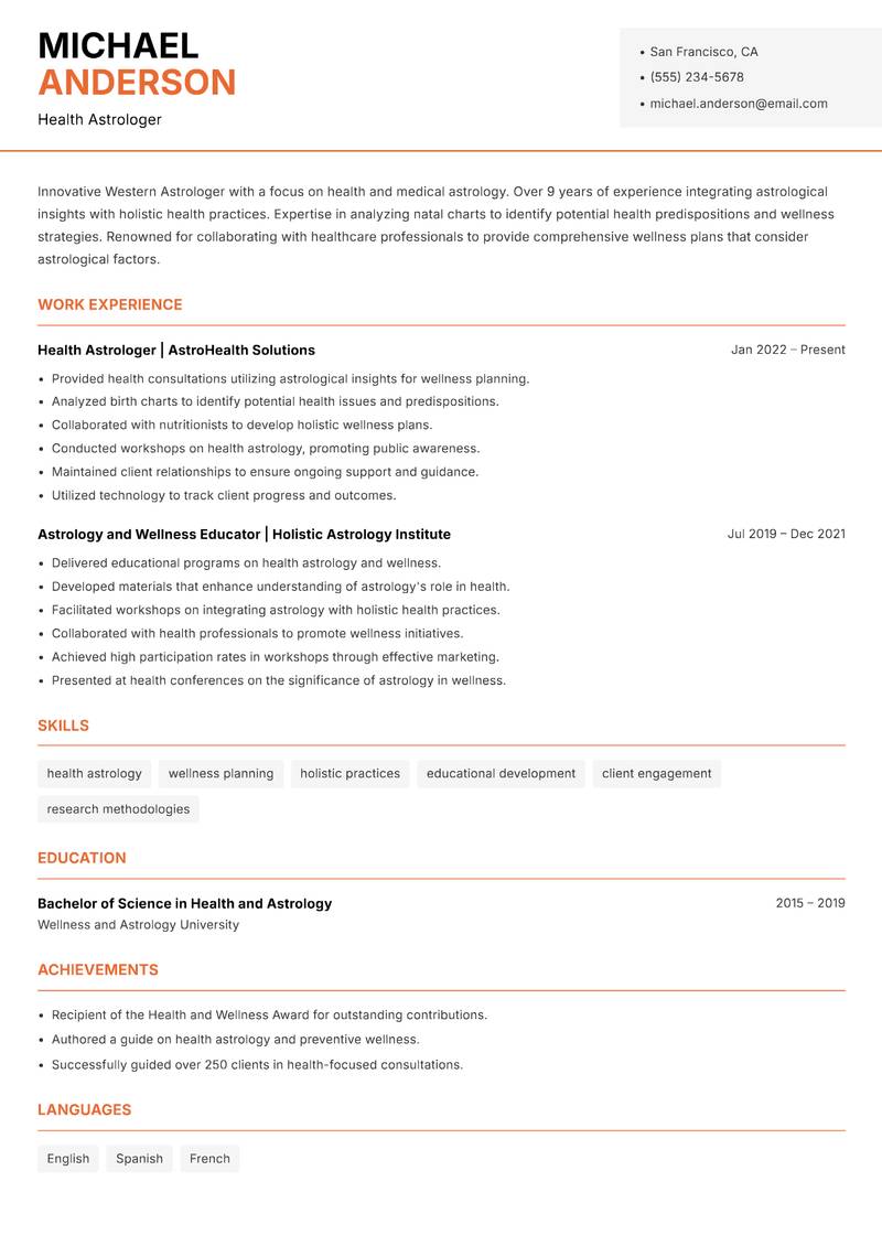 Western Astrologer resume sample — Health Astrologer focus