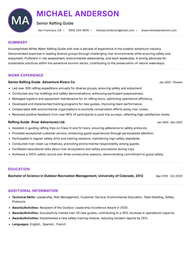 White Water Rafting Guide resume example