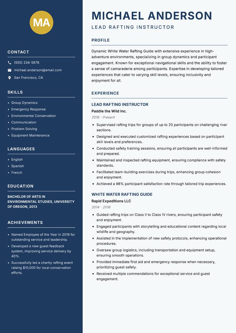 White Water Rafting Guide resume sample — Lead Rafting Instructor focus