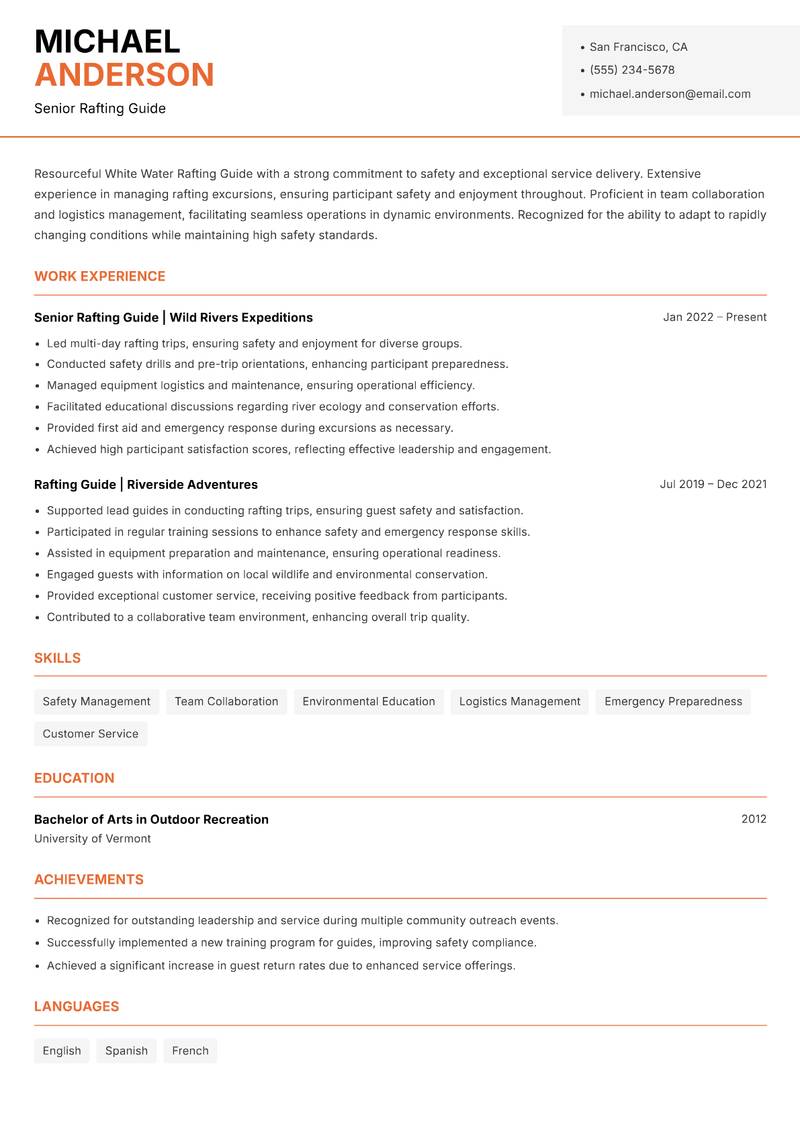 White Water Rafting Guide resume sample — Senior Rafting Guide focus
