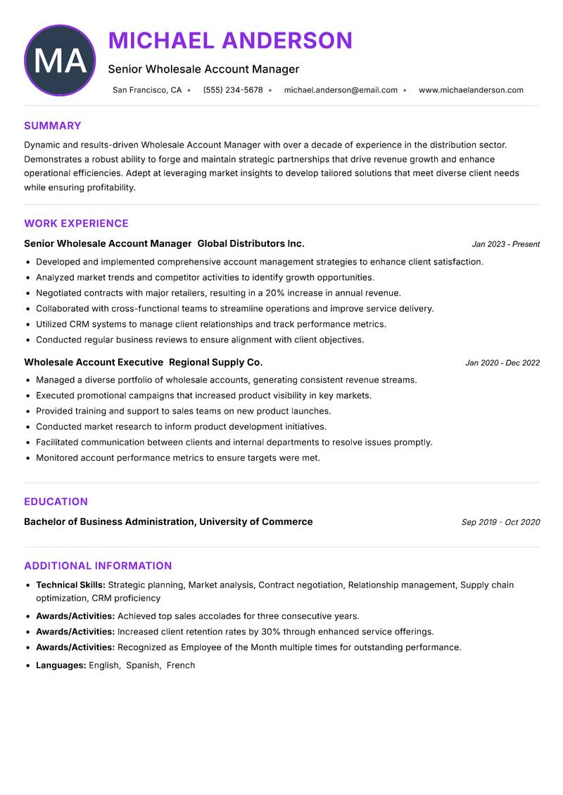 Wholesale Account Manager resume example