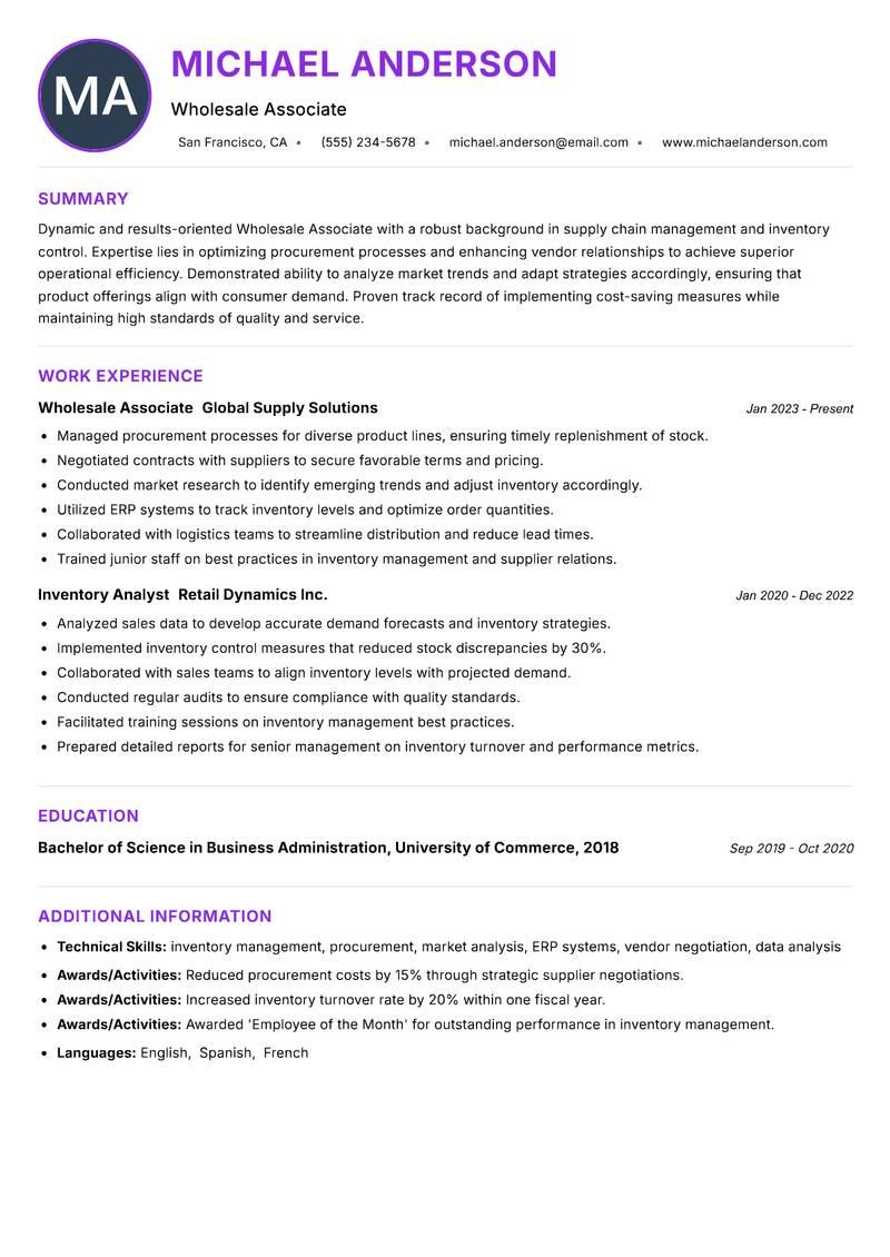 Wholesale Associate resume example